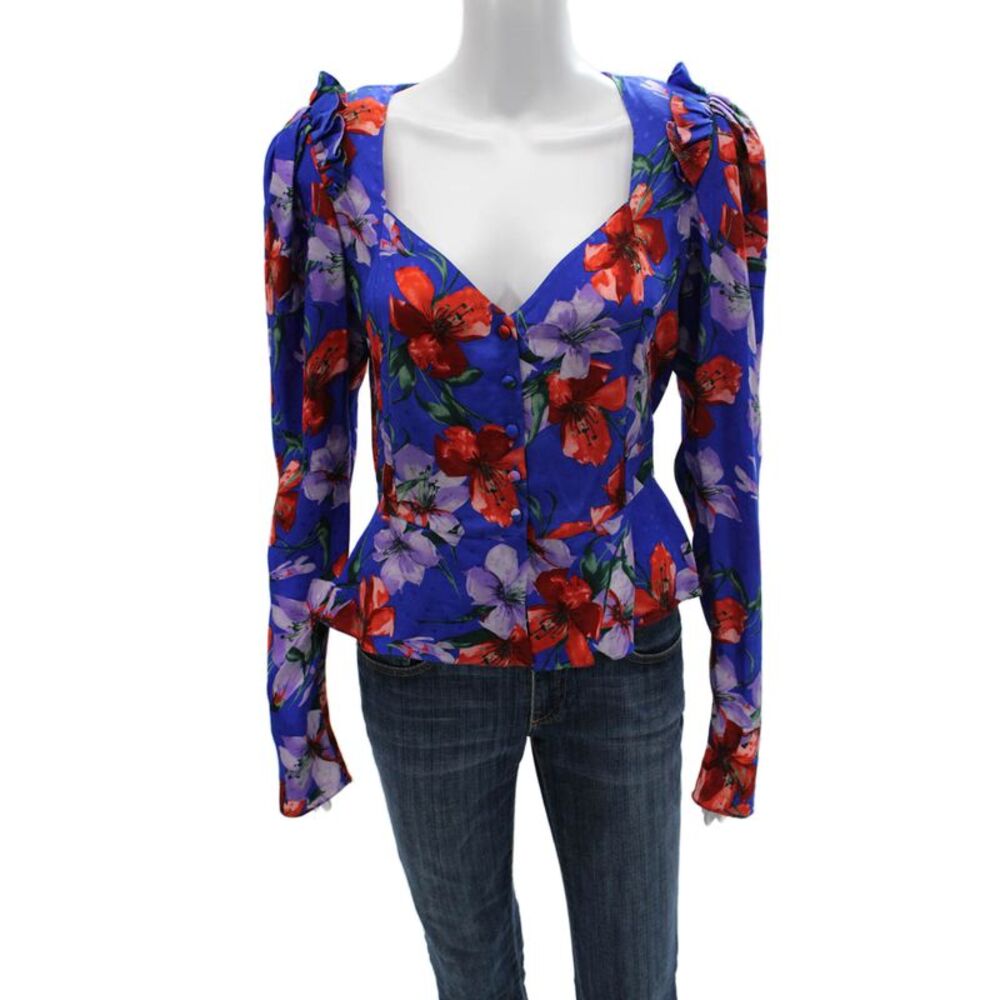 Magda Butrym Women Blue Silk V-Neck Floral Button Up Blouse Long Sleeve Size 36